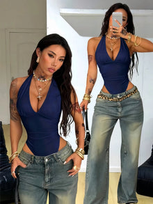 Women Halter Deep V Neck Side Ruched Slim High Cut Bodysuit 2026 Summer Y2K Streetwear Sleeveless Tank Top