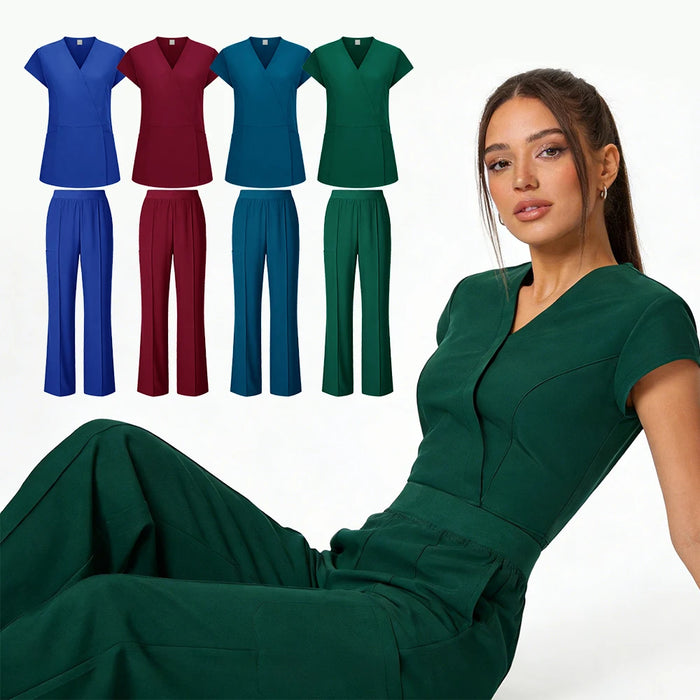 Ensemble de blouses médicales pour infirmière, uniforme de médecin, tenue de bloc opératoire, vêtements de travail pour salon de beauté, haut à col en V à manches courtes + pantalon, unisexe pour femmes