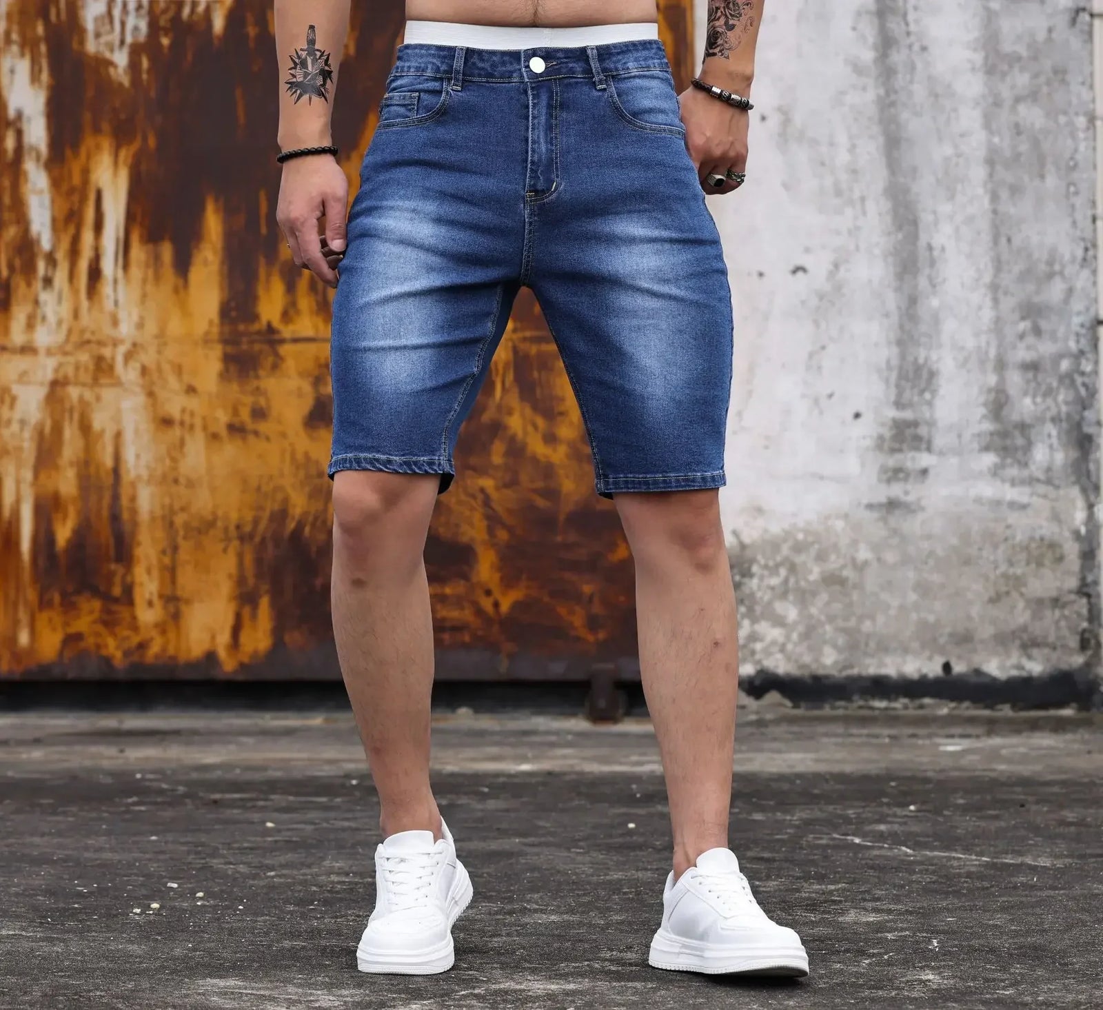 Men Jeans Shorts Strecth Washed Vintage Distressed Pockets Button Basics Straight Denims Streetwear 2025 Summer Short Pants