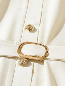 Women's Elegant Simple Round Neck Single Breasted Short Sleeve Belt Midi Dress women dress Women's Elegant Beige Midi Dress