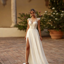 A Line Wedding Dress Cap Sleeve Sheer V Neck Leaf Lace Chiffon Side Split Pearl Button Back Sweep Train Custom Bridal Dress