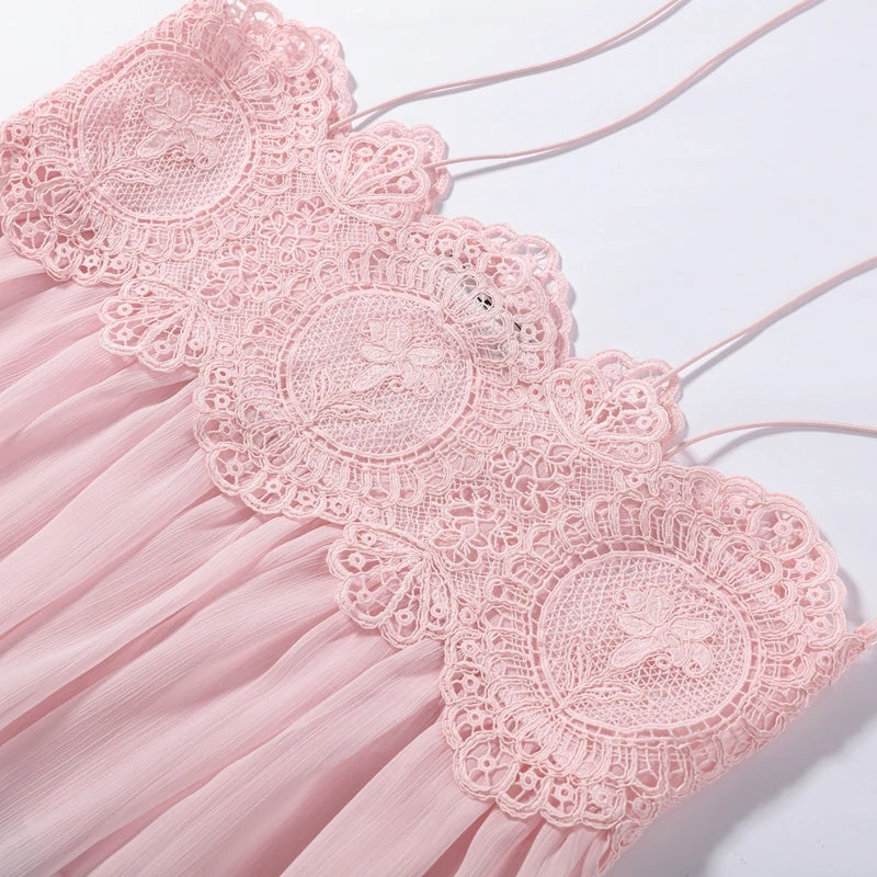 Women Pant Set Sheer Layers Spaghetti Strap Backless Lace Top Straps Solid Loose Straight Elastic Hem Fashion Beach Chic Suits