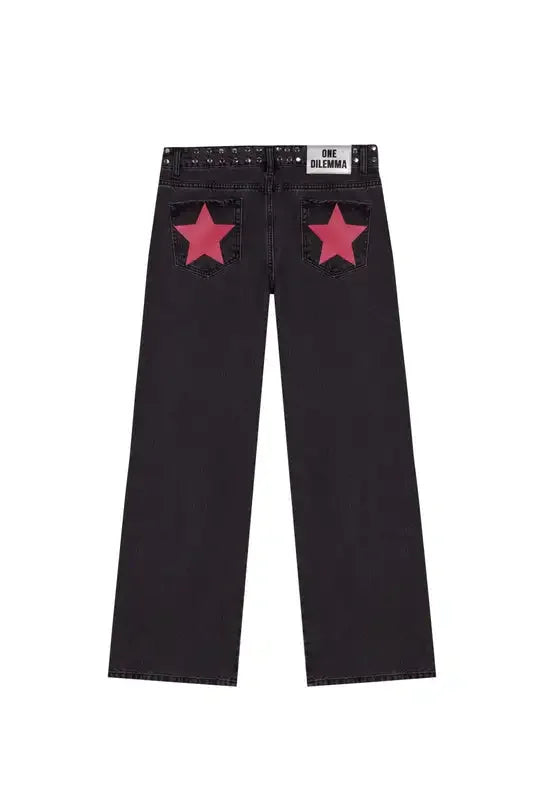 Gothic Womens ONE DILEMMA Jeans Y2K Clothing Fashion Sequin Five Pointed Star Rivet Retro Jeans Mid Rise Wide Leg Trousers