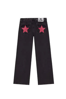 Gothic Womens ONE DILEMMA Jeans Y2K Clothing Fashion Sequin Five Pointed Star Rivet Retro Jeans Mid Rise Wide Leg Trousers