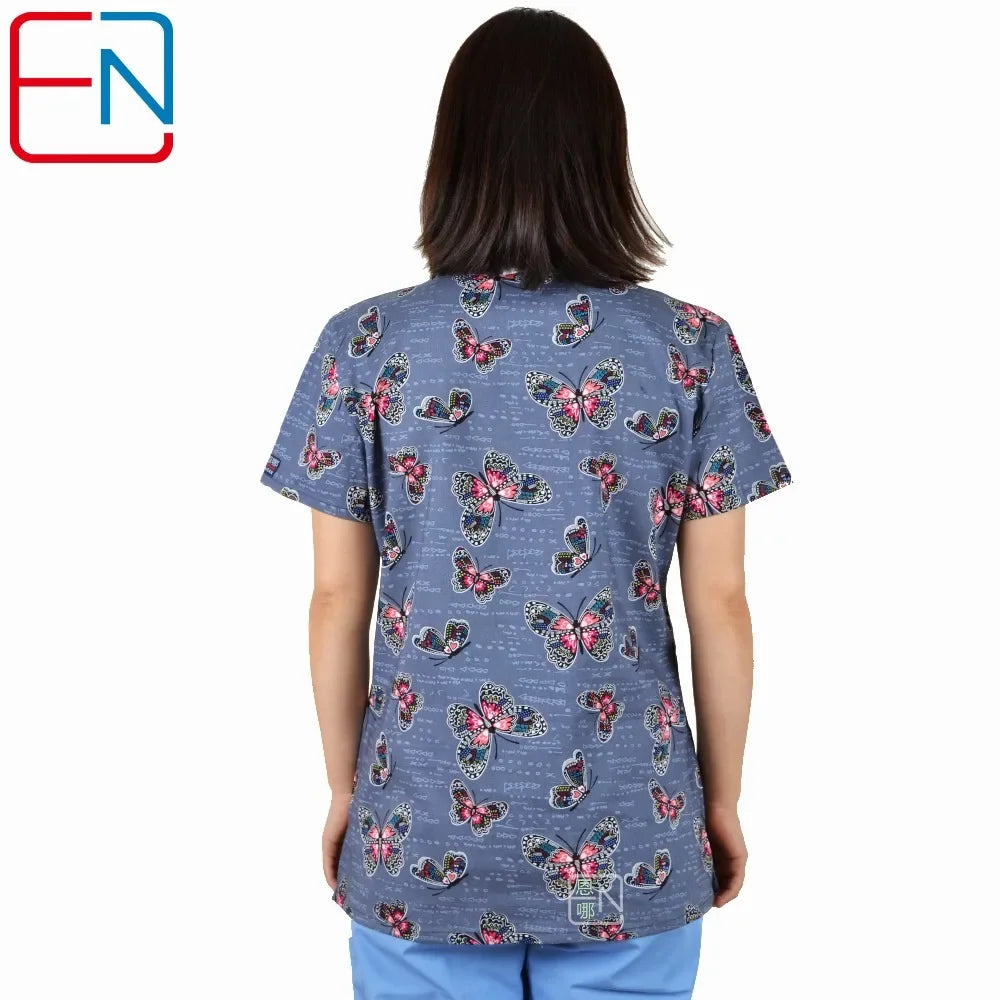 Hennar Print Vet Scrub Uniform For Women In 100% Cotton 4 pockets,XXS-5XL Pet Doctors Medical Scrub Tops