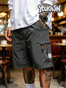 Summer Men's Quick Dry Cargo Shorts Loose Fit Elastic Waist Drawstring Multi Zipper Pockets Outdoor Fishing Hiking EU Size