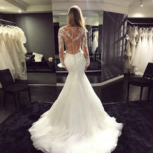 Long Sleeve Mermaid Wedding Dresses Sheer V Neck Lace Appliques Illusion Back Bridal Gown Sweep Train Tulle Vestido De Novia
