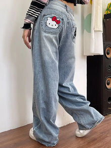 Jeans Harajuku Sanrios Y2K Hello Kittys Trend Anime Kawai Kt Wide Leg Pants Loose for Women Trouser Street Student Casual Fashio
