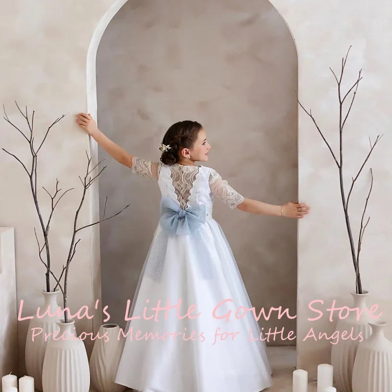 Customized White Lace Tulle Flower Girl Dress For First Communion Wedding Floor Length Gown Three Quarter Lace Sleeve Grey Back