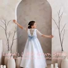 Customized White Lace Tulle Flower Girl Dress For First Communion Wedding Floor Length Gown Three Quarter Lace Sleeve Grey Back