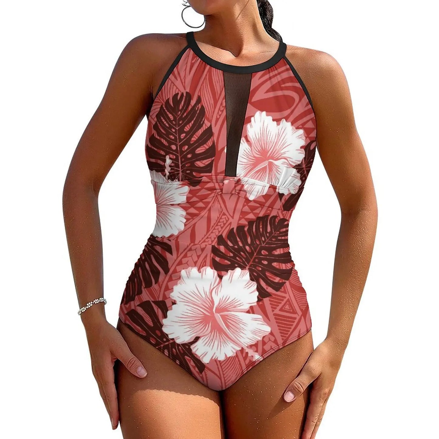 Fiji High-Waisted Swimsuit Push-Up One-Piece Swimsuit Polynesian Custom Ethnic Print Swimwear Printed Swimsuit Backless Bikini