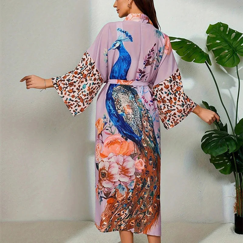European and American Retro Loose-Fitting Plus-Size Mid-Length Kimono Cardigan Summer Beach Sun Protection Cover-Up Bikini Swimsuit Outerwear Yukata Loose Cardigan Outerwear
