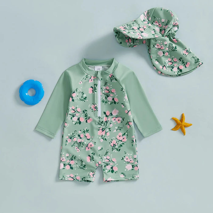 Toddler Children Baby Girl Long Sleeve Swimsuit Floral Print Half Zipper Non-Pilling Rash Guard Swimwear Sunhat Sets