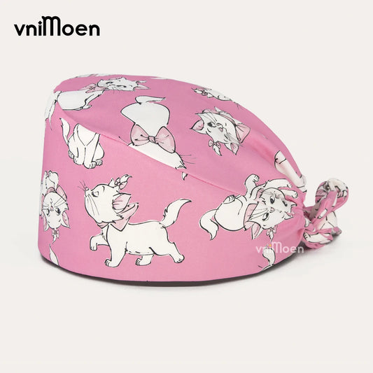 pink Cartoon cat Printing Cotton pet shop vet Nurse Cap Women Sweat-Absorbent Scrub Cap Dentist Hat  Beauty Salon Care Caps