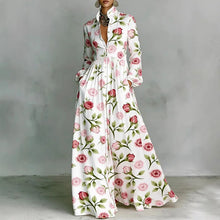 Retro Pattern Print High Waist Pleated Dress Woman Spring Shirt Collar Button Pockets Maxi Dress Long Sleeve Boho Vacation Dress