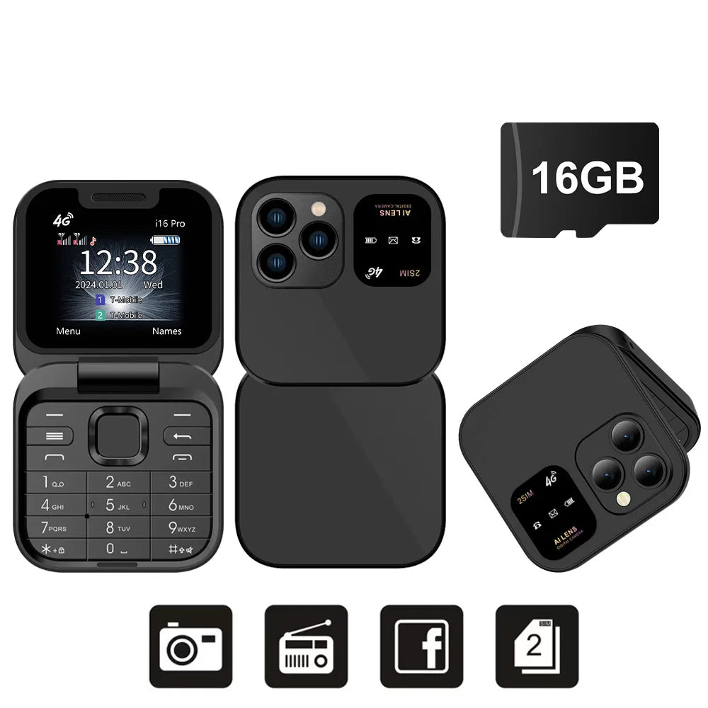 SERVO i16 Pro 4G LTE Mini Flip Mobile Phone Dual SIM Standby Call Recording Speed Dial FM Radio Blacklist Small Fold Cellphones