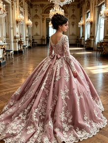 Pink Long Sleeve Flower Girl Dress with Bow/Train Kids Beaded Lace Wedding Party First Communion Dress Customized Birthday Gown