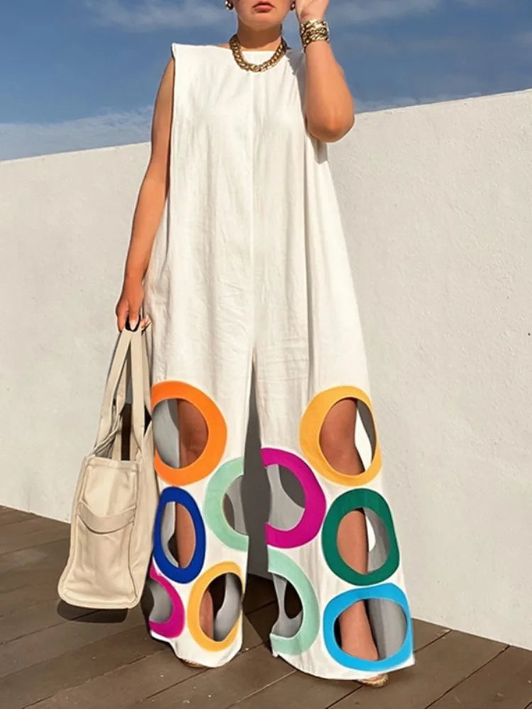 Uoozee 2026 New Women's Sleeveless Wide Leg Jumpsuit Fashion Colorful Circle Cutout BLoose Casual Vacation Black White Romper