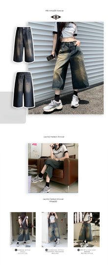 American Vintage High Waist Mid Long Baggy Denim Shorts Women's Casual 2000s Y2K Wide Leg Grunge High Street Style Shorts