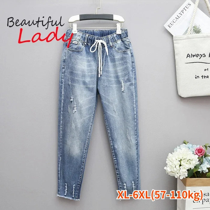 Jeans grande taille femme XL-6XL, Mom Jeans, jean bleu baggy taille haute élastique, jean en denim déchiré, pantalon harem pour femme