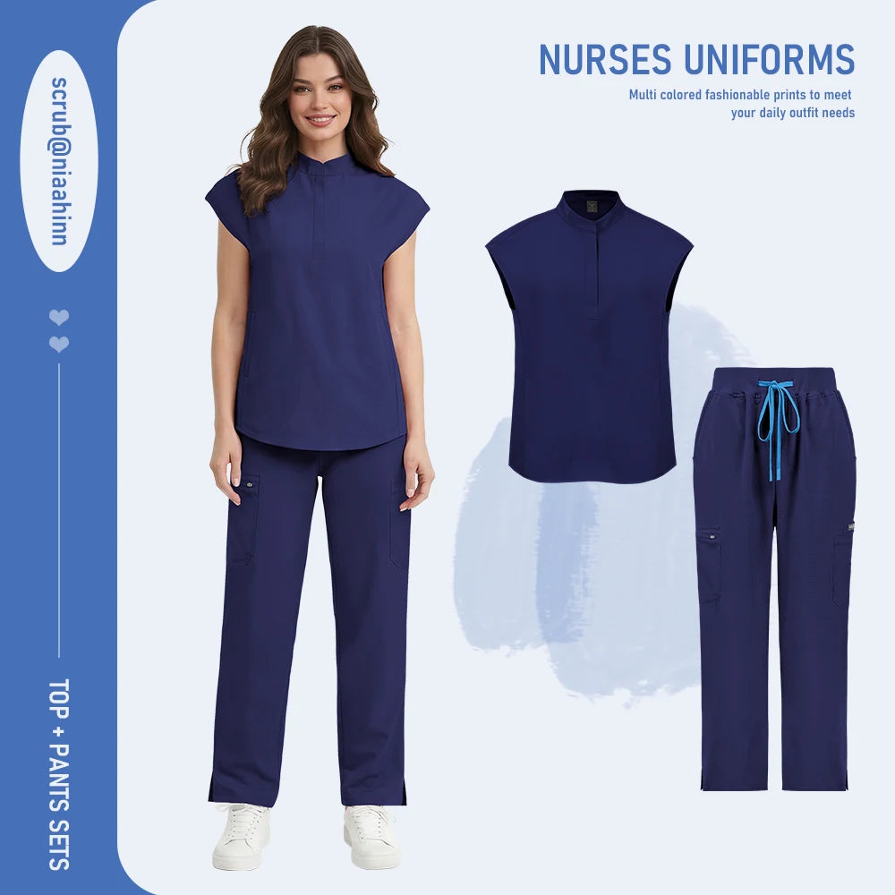 Niaahinn Scrub Women High Quality Short Sleeve Top Wide Leg Pants Hospital Uniforms Stretch Scrubs Medical Nursing Uniform Sets