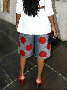 Missuoo Women Y2K Red Polka Dot Denim Shorts Culottes