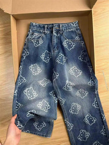 Kawaii Women Hello Kittys Printed Jeans Y2K Girls Cartoon Denim Pant Fashion High Waist Wide Leg Pant Teenager Casual Trousers