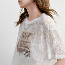 TOYOUTH Women Lace Sheer T-Shirt 2026 Summer New Letter Flower Print Loose Drop Shoulder Fashion Pullover Tops