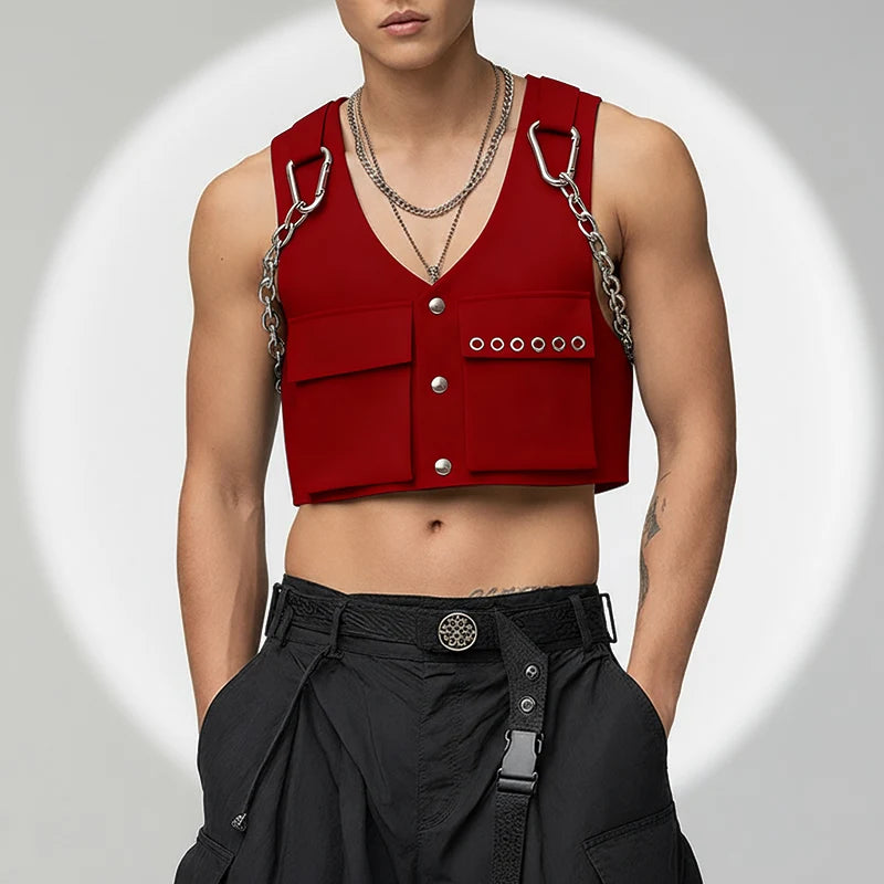 INCERUN Men Vests Solid Color Chain Decoration V Neck Sleeveless Crop Tops Men Streetwear Fashion Casual Male Waistcoats S-3XL