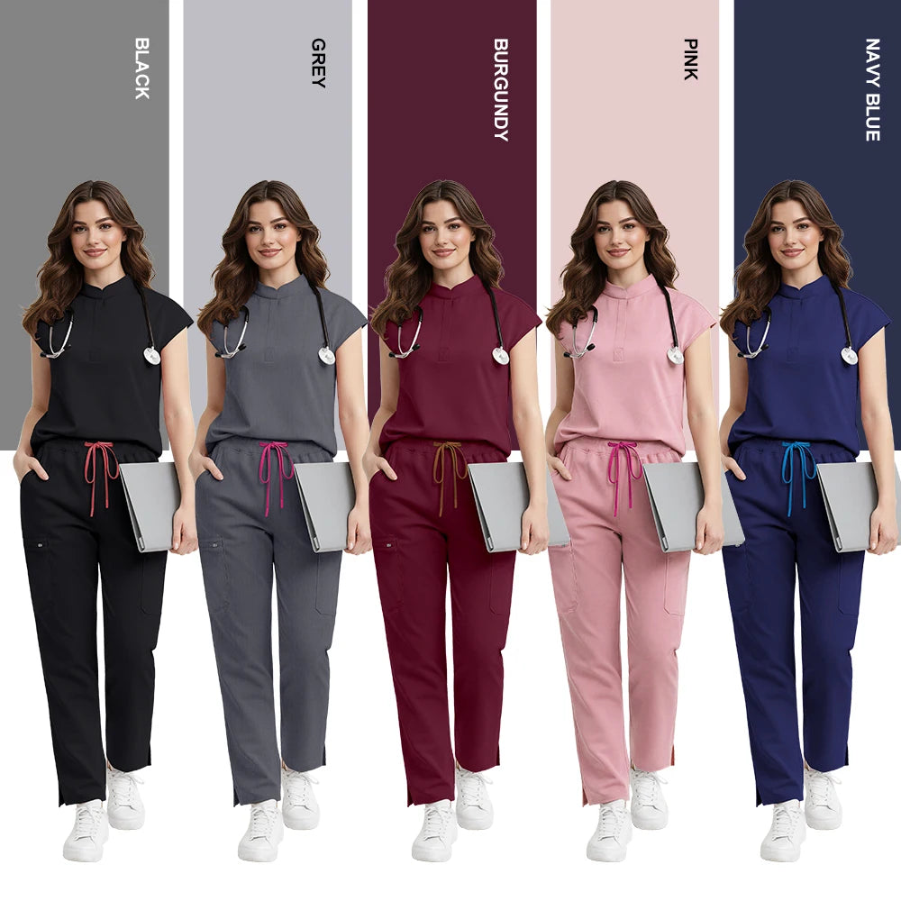 Niaahinn Scrub Women High Quality Short Sleeve Top Wide Leg Pants Hospital Uniforms Stretch Scrubs Medical Nursing Uniform Sets