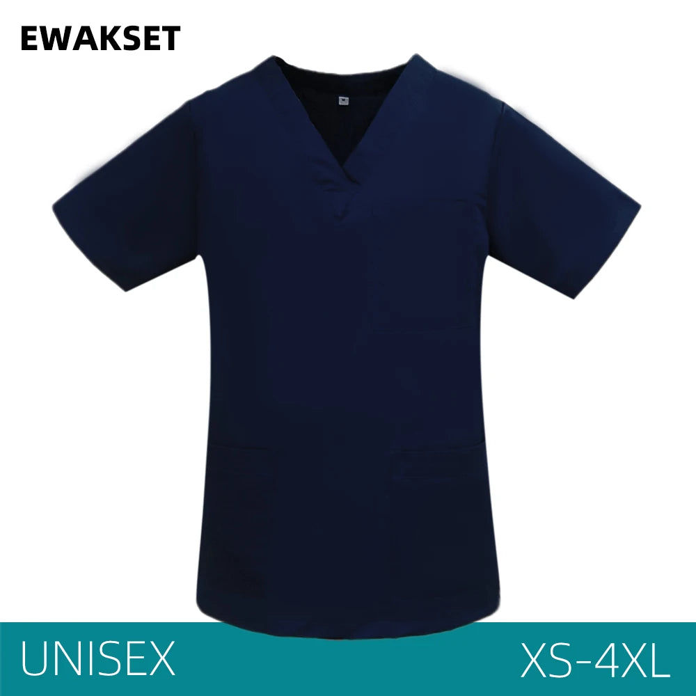Unisex Solid Surgical Top 100% Cotton Shirt medical Uniforms Short Sleeve V-neck 3 Pocket Scrub Tops for Women Men