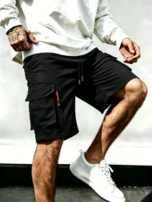 Men's Techwear Cargo Shorts with Multi Zipper Pockets, Elastic Drawstring Waist, Contrast Zipper Detail, Quick Dry Fabric for St