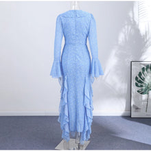 Women Printed V Neck Long Dress Flared Sleeve Lotus Leaf Edge High Waist Slim Fit Maxi Dresses Lady Elegant Evening Party Dress