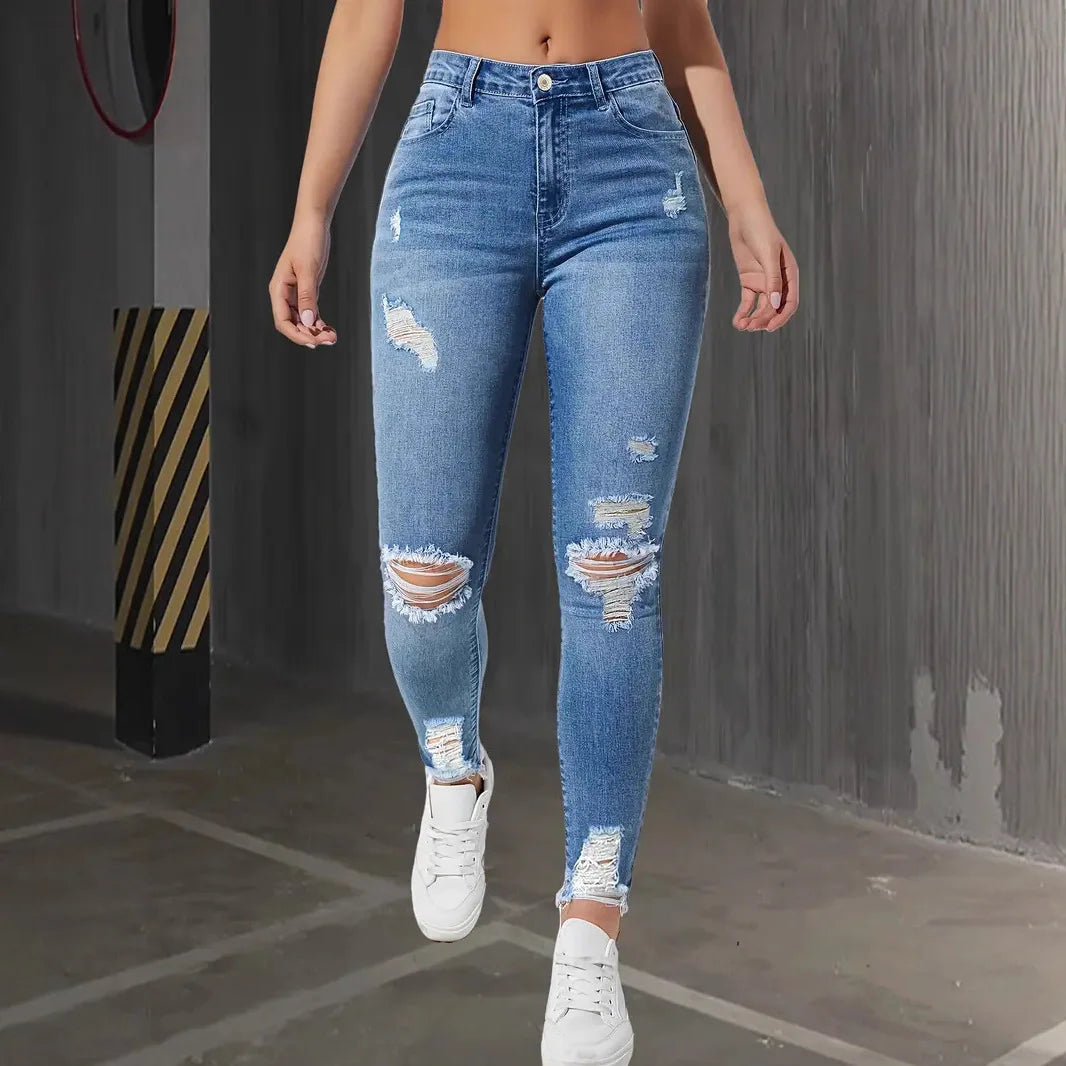 Women Pencil Pants Hole Jeans Streetwear Washed Ripped High Waist Vintage Stretch Distressed Denims Female Ankle Length Trousers