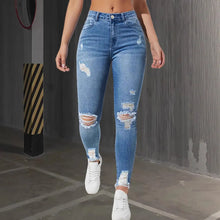 Women Pencil Pants Hole Jeans Streetwear Washed Ripped High Waist Vintage Stretch Distressed Denims Female Ankle Length Trousers