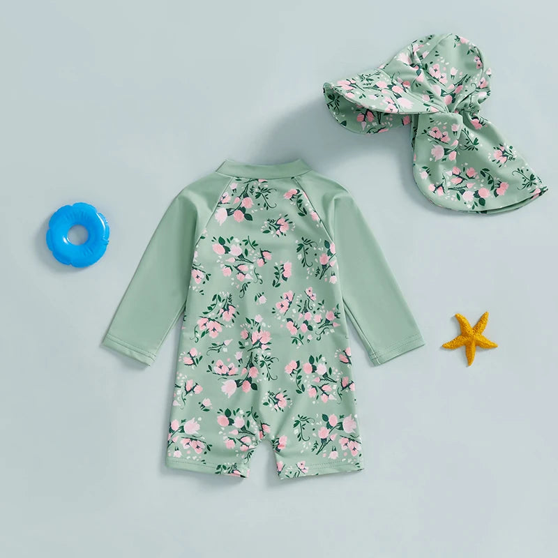Toddler Children Baby Girl Long Sleeve Swimsuit Floral Print Half Zipper Non-Pilling Rash Guard Swimwear Sunhat Sets