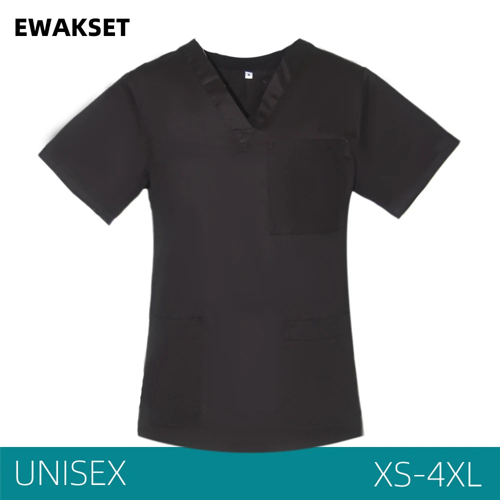 Unisex Solid Surgical Top 100% Cotton Shirt medical Uniforms Short Sleeve V-neck 3 Pocket Scrub Tops for Women Men
