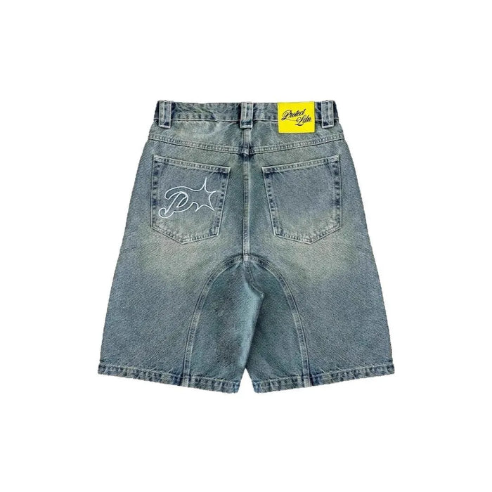 Short en jean vintage Y2k pour hommes et femmes, style Harajuku, délavé avec broderie, rétro américain, short en denim ample pour l'été, streetwear hip-hop.