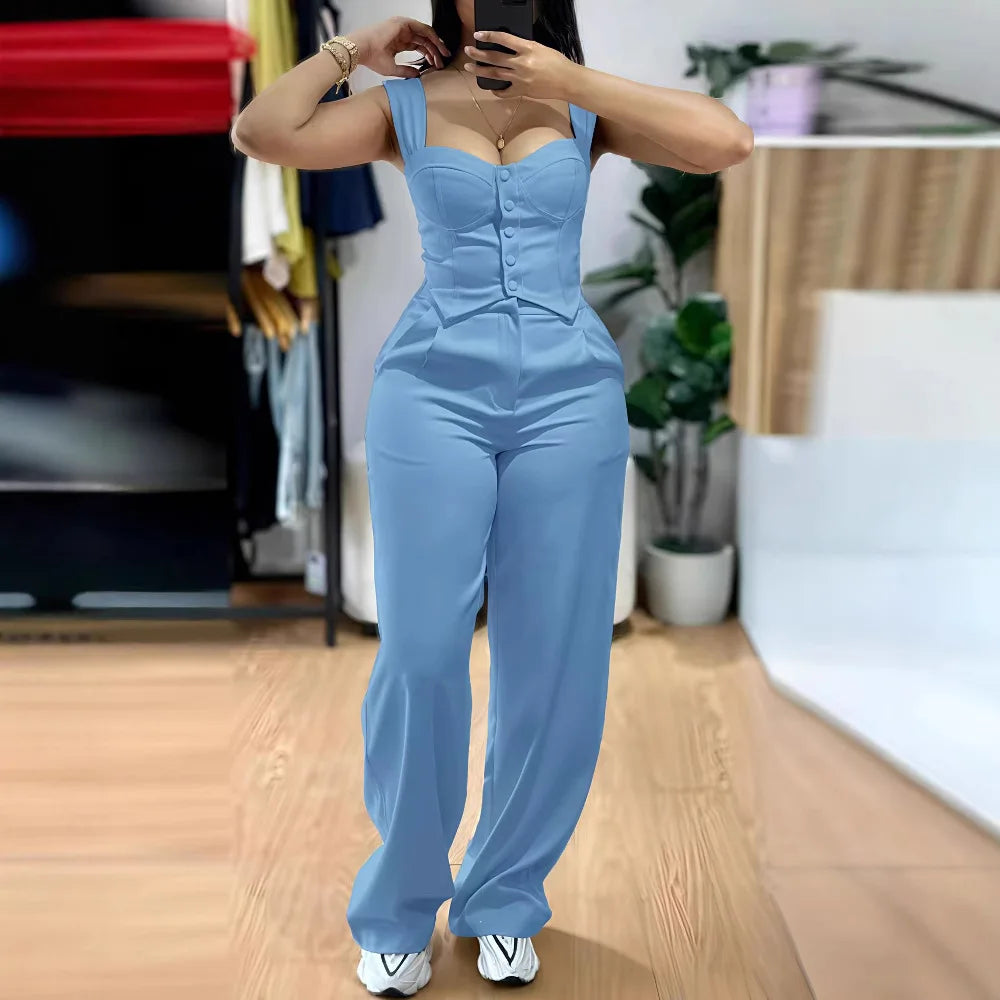 2025 American European New Fashion Women's Elegant Solid Color Trendy 2 Piece Sets Strapeless Suspender Vest Trousers Female