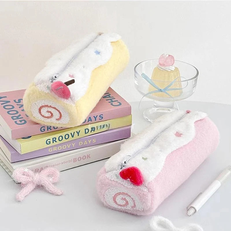 INS Fashion Korean Cream Swiss Roll Plush Pencil Case Student Desktop Storage Stationery Pen Bag Cute Girl Makeup Bag