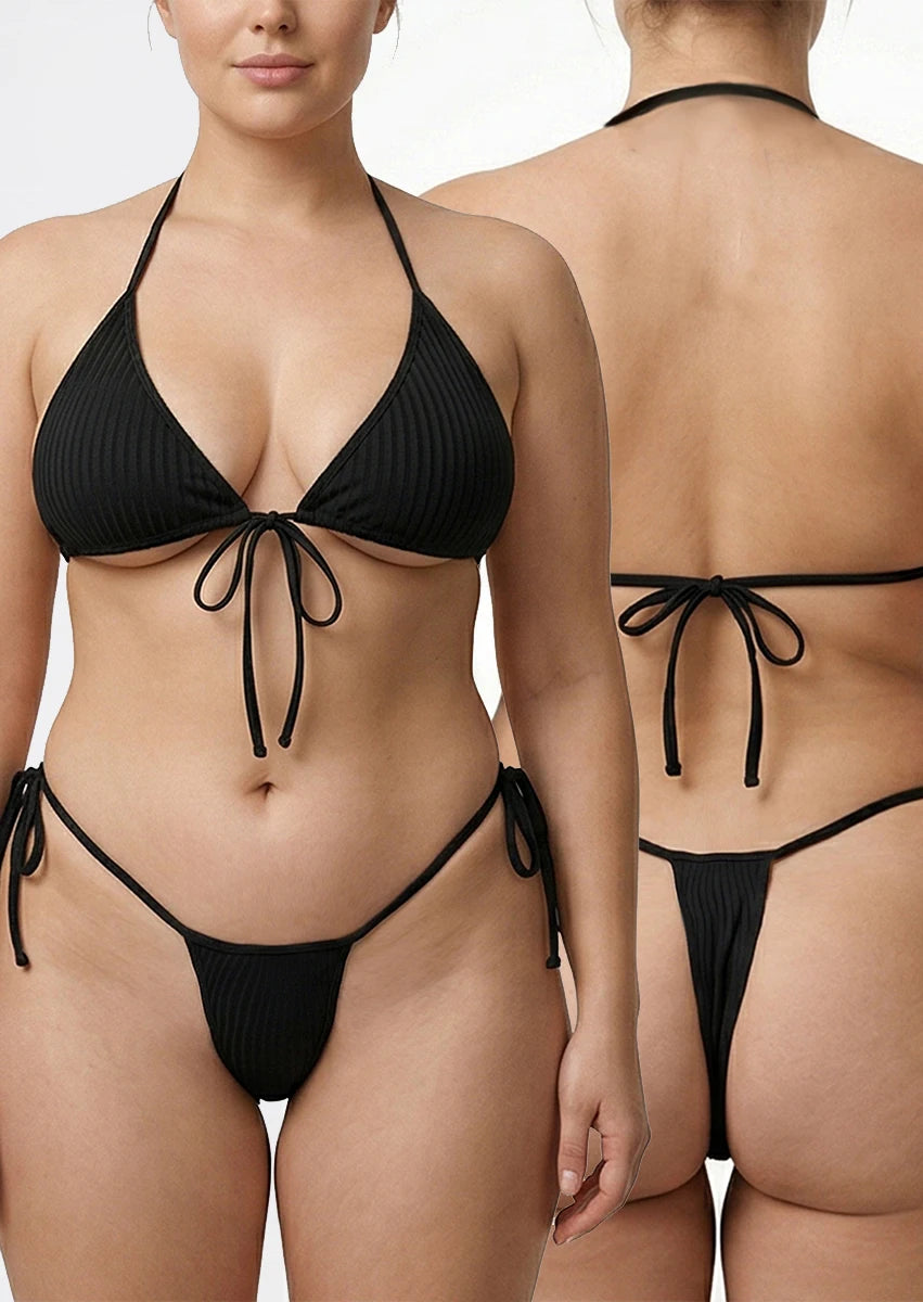 Plus Size Halter Bikini Set Black Ribbed Two Piece Swimsuit