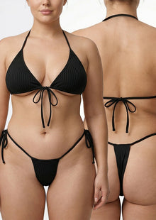 Plus Size Halter Bikini Set Black Ribbed Two Piece Swimsuit