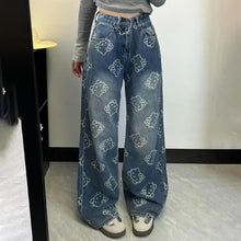 Kawaii Women Hello Kittys Printed Jeans Y2K Girls Cartoon Denim Pant Fashion High Waist Wide Leg Pant Teenager Casual Trousers
