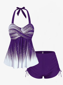 Plus Size Tankini Swimsuit Halter Backless Empire Waist
