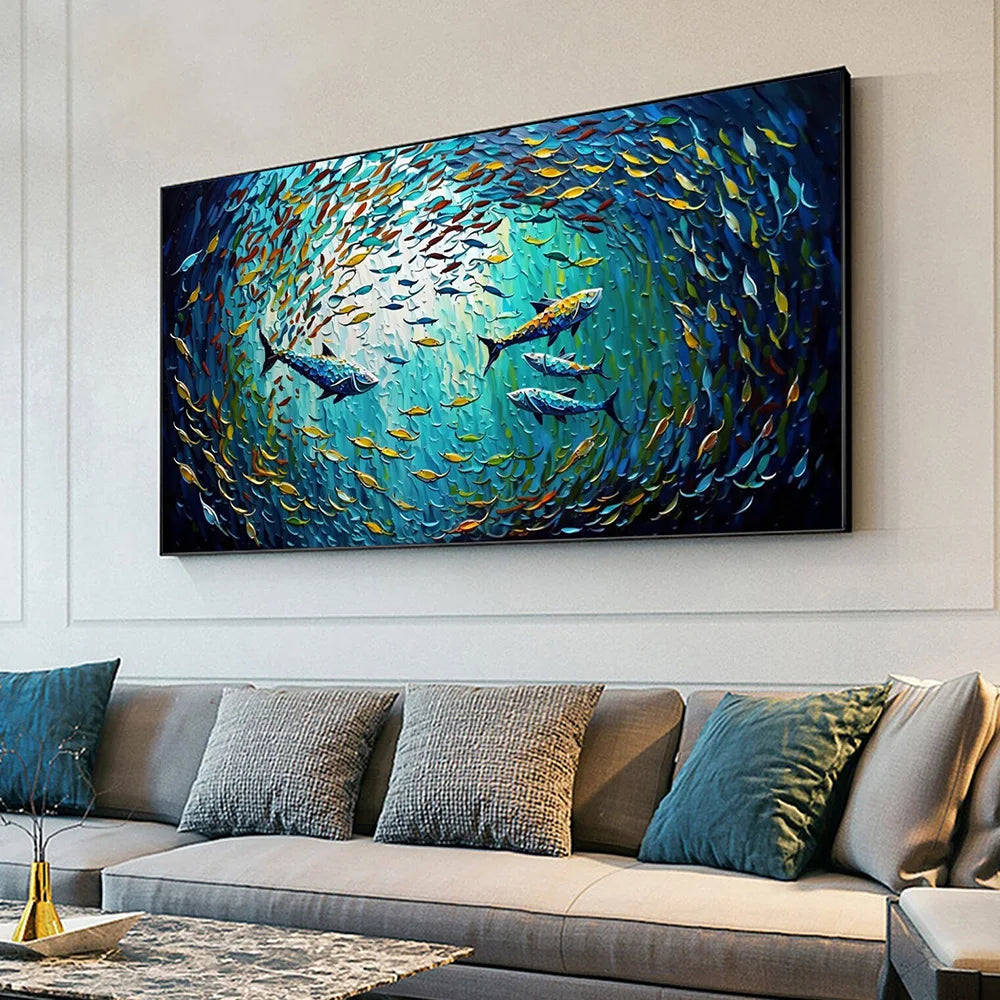 Abstract Blue Sea Fish Canvas Painting Nordic Art Graffiti Large Size Posters Print Modern Living Room Home Decoration Picture