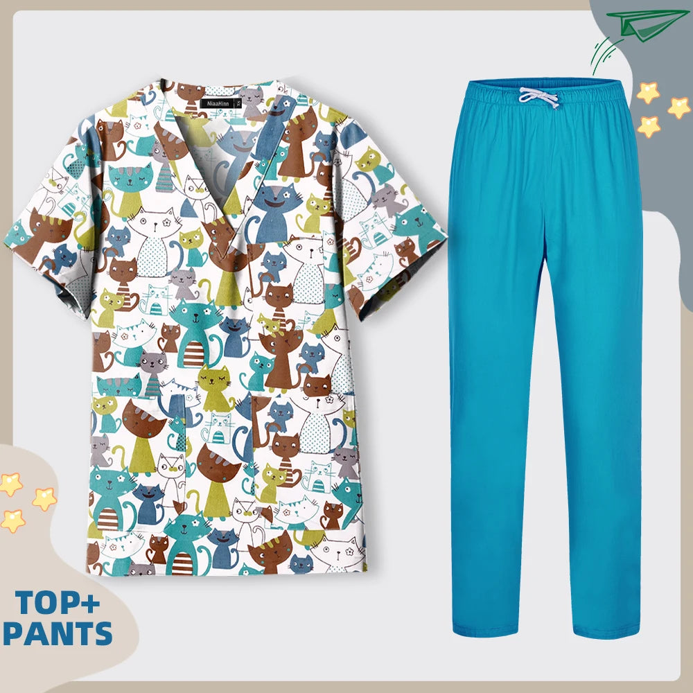 Print Dogs/Cats/Rabbit Scrub Tops Women Men Medical Scrub Shirts Pet Shop Vet Workwear Doctor Nurse Uniform Dentist Overalls Cap