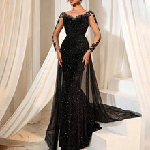 Elegant V Neck Long Sleeve Lace Sequin Mesh Evening Dress