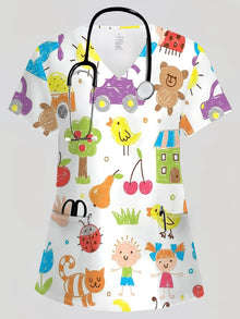 Surgical Uniforms Woman Tooth Cartoon Print Summer Nursing V-Neck Short Sleeve Tops Fashion Dental Microelastic Medical Uniform