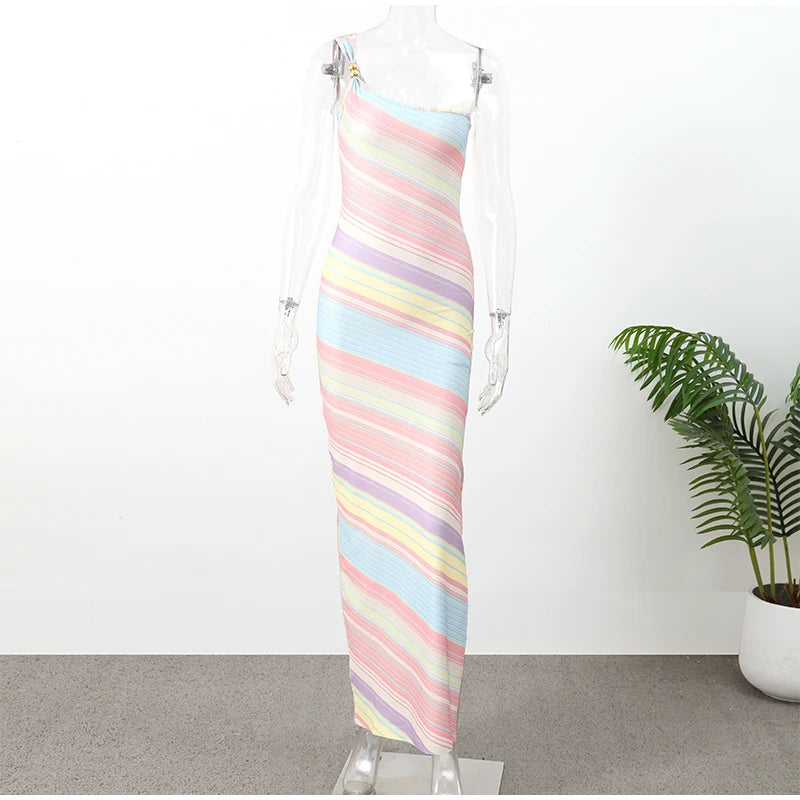 Women Rainbow Diagonal Stripe Maxi Dress One Shoulder Strap Slim Bodycon High Slit Knit Vestido Summer Beach Vacation Outfit