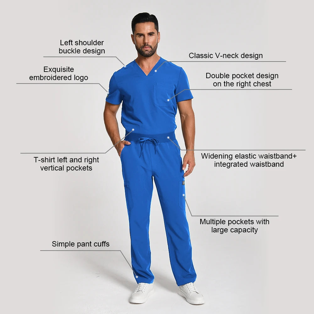 KUNGFU SCRUBS Mens Uniforms Medical Surgical Scrubs Set Short Sleeve V-Neck Top & Pants Soft Breathable Stretch Nursing Workwear